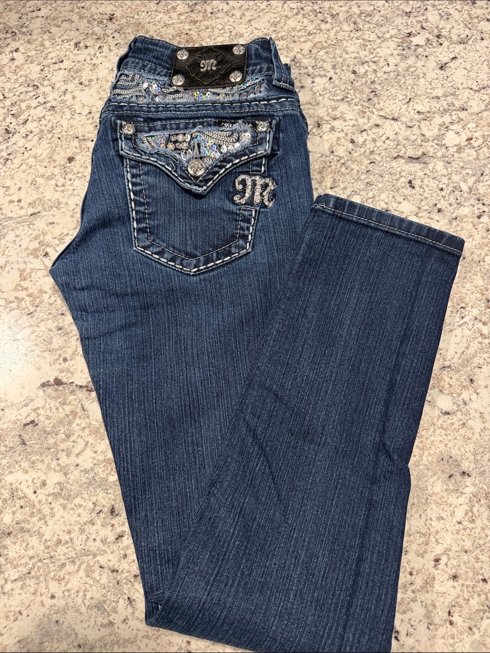 Miss Me Embellished Dark Blue Boot Cut Jeans with Rhinestone Pocket